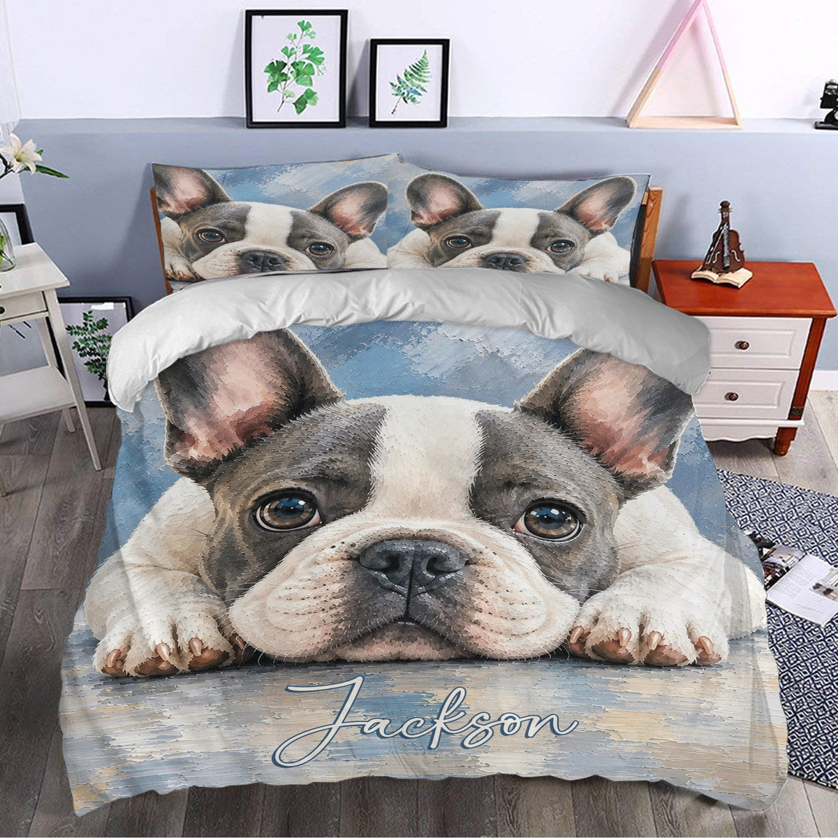 French Bulldog duvet cover set styled in a bedroom with a close-up dog portrait and blue painterly artwork