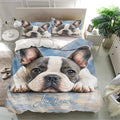 French Bulldog bedding set presented in a bright bedroom with matching pillowcases and oversized dog artwork