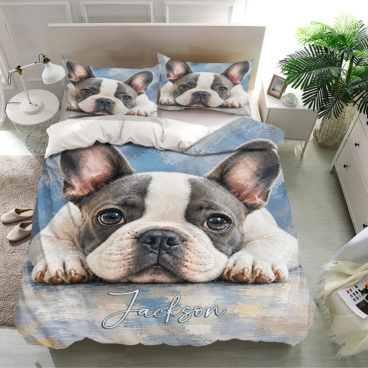 French Bulldog bedding set presented in a bright bedroom with matching pillowcases and oversized dog artwork