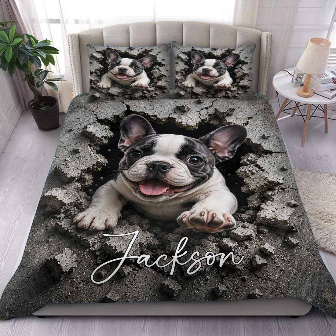 French Bulldog duvet cover set displayed on a bed with a playful dog bursting through cracked stone artwork