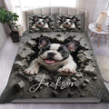 French Bulldog duvet cover set displayed on a bed with a playful dog bursting through cracked stone artwork