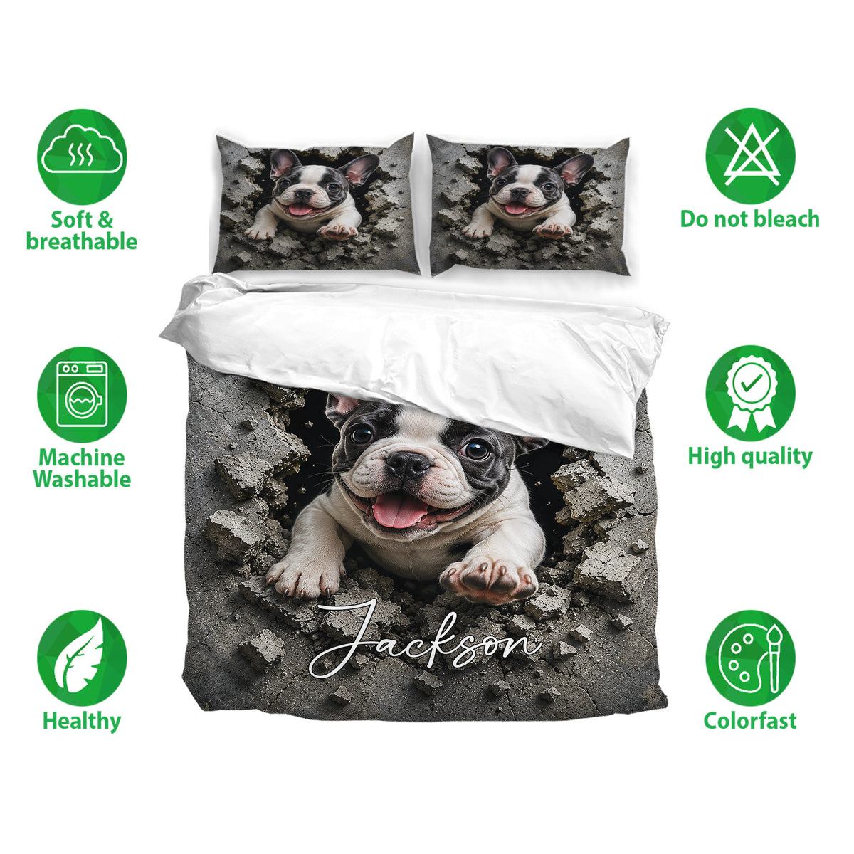 French Bulldog bedding set shown with matching pillowcases and bold gray cracked-stone artwork