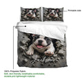French Bulldog duvet cover with matching pillowcases, dramatic cracked-stone design, and soft white reverse