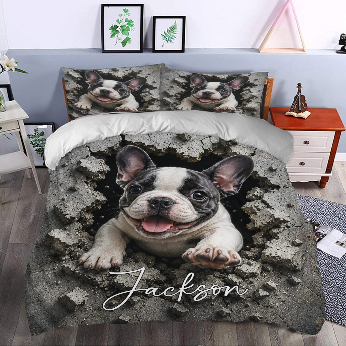 French Bulldog duvet cover bedding set styled in a modern bedroom with bold gray and black artwork