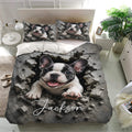 French Bulldog bedding set displayed in a bright bedroom with matching dog artwork on the pillows