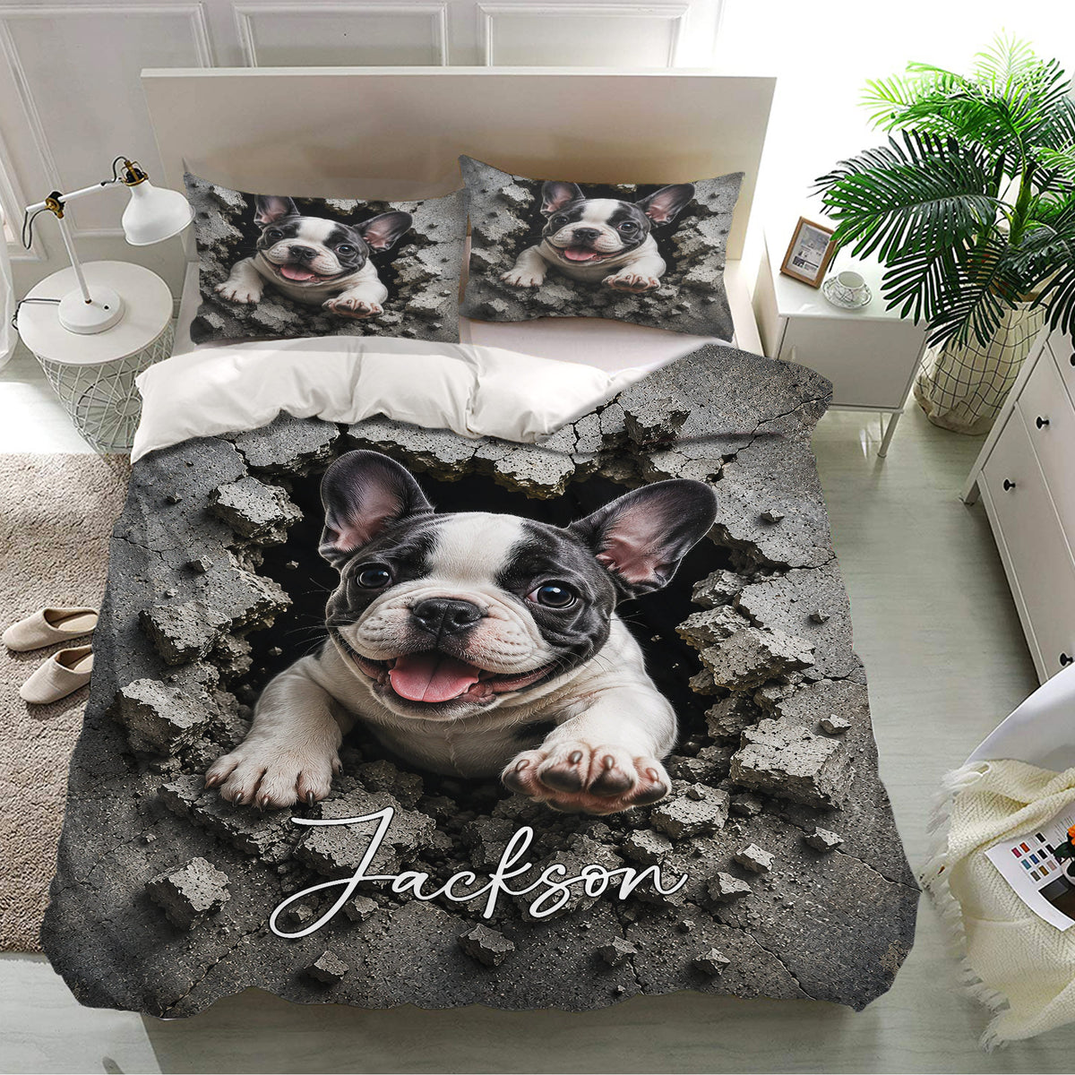 French Bulldog bedding set displayed in a bright bedroom with matching dog artwork on the pillows