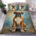 Boxer dog duvet cover set displayed on a bed with matching portrait pillowcases and blue textured artwork