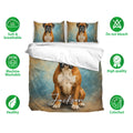 Boxer dog bedding set shown with matching pillowcases, blue artwork, and soft breathable fabric icons