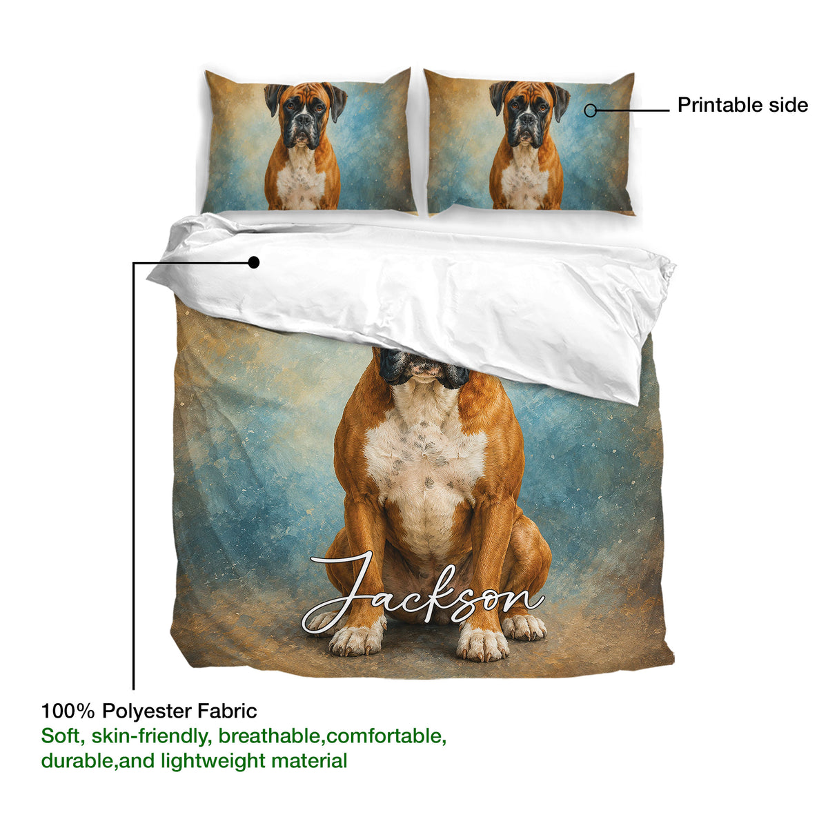 Boxer dog duvet cover set with matching portrait pillowcases and blue textured design detail