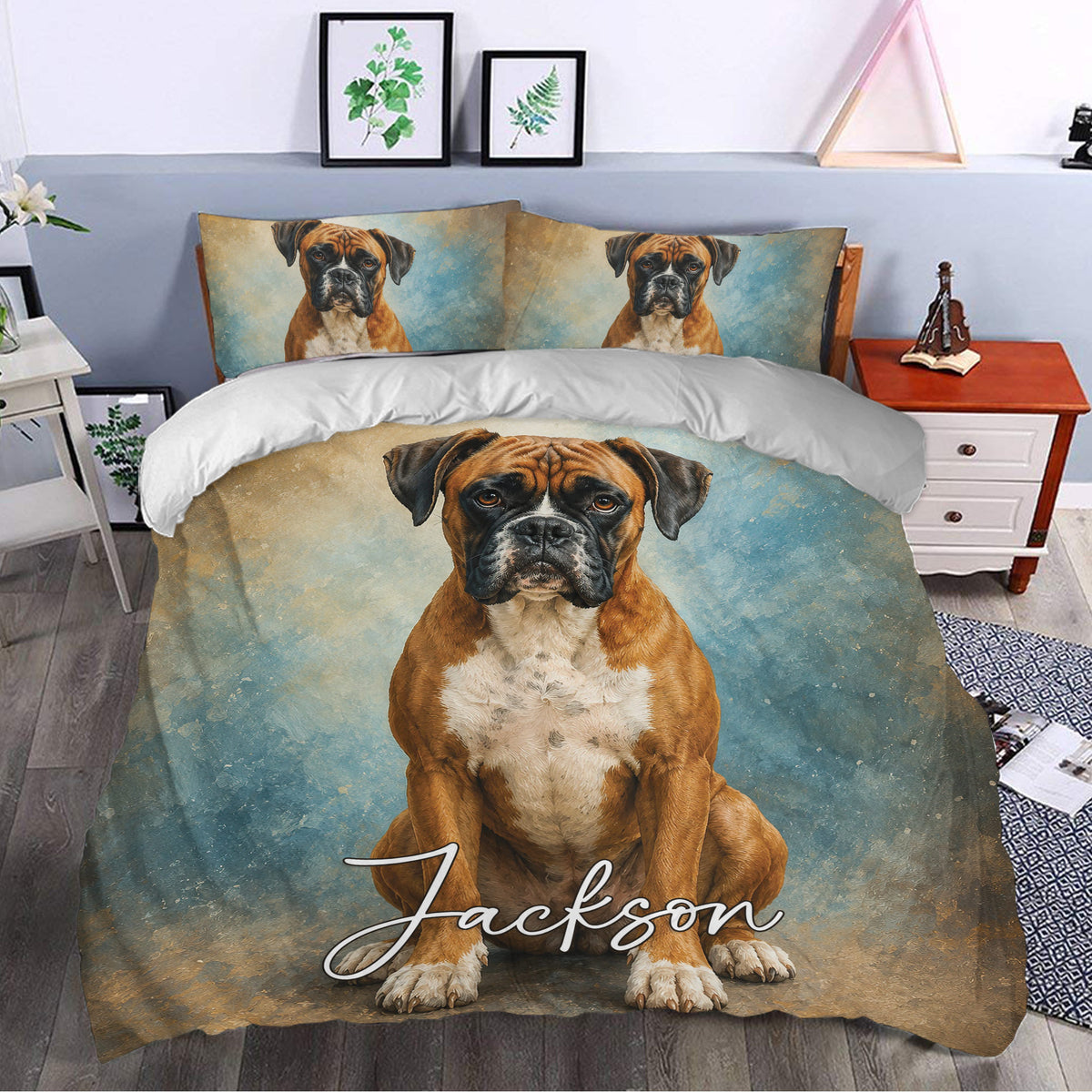 Boxer dog duvet cover bedding set styled in a modern bedroom with coordinated portrait artwork