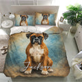Boxer dog bedding set presented in a bright bedroom with matching portrait pillowcases and blue decor