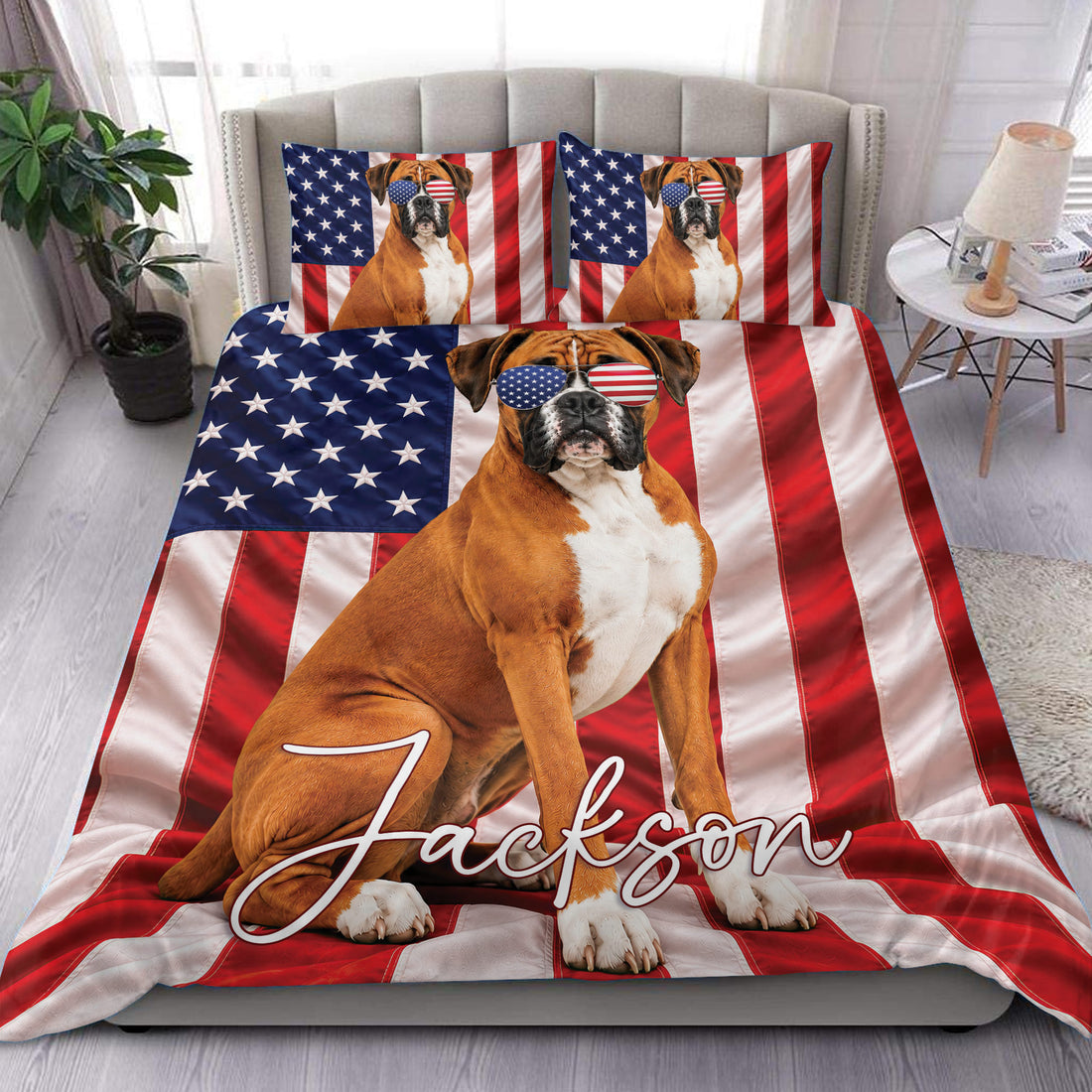 Boxer dog duvet cover set with patriotic stars and stripes design styled on a modern bedroom bed