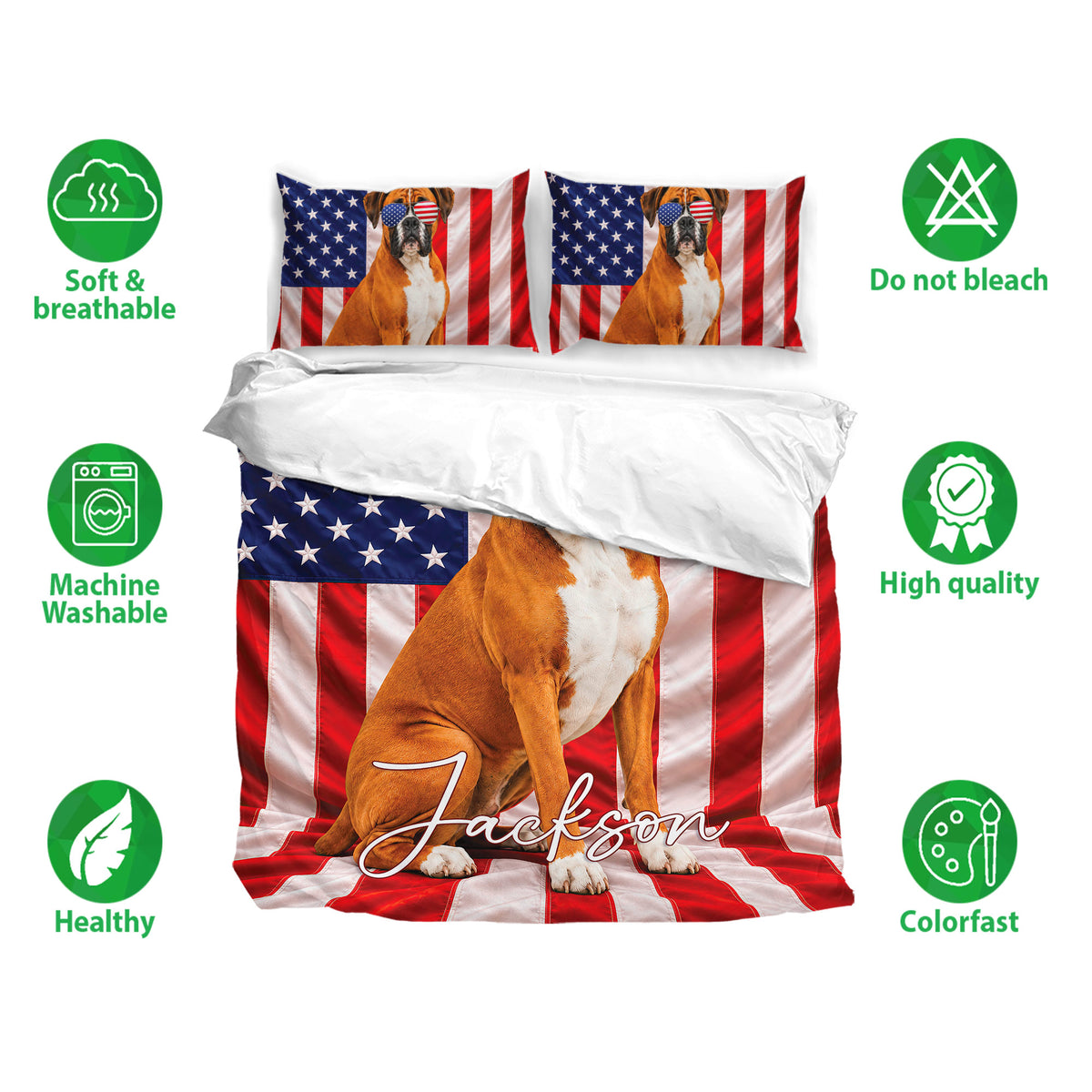 Boxer dog bedding set displayed with matching pillowcases and patriotic red, white, and blue artwork