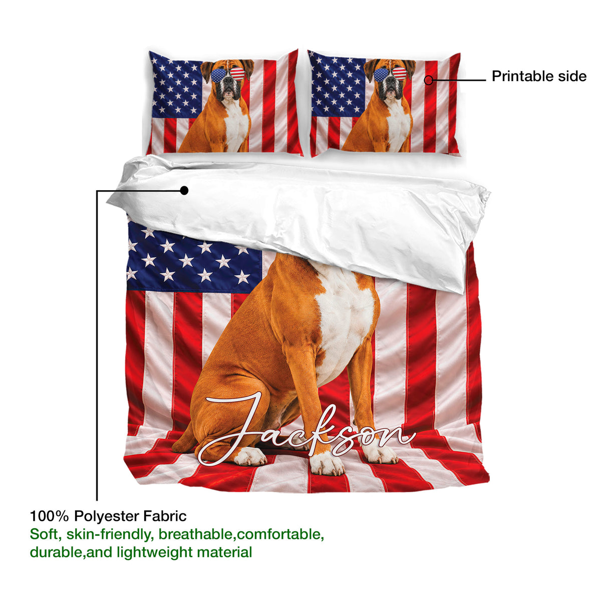 Boxer dog duvet cover with patriotic flag artwork shown in a soft, lightweight polyester fabric detail