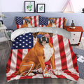 Patriotic Boxer dog duvet cover set styled in a contemporary bedroom with matching decorative pillowcases