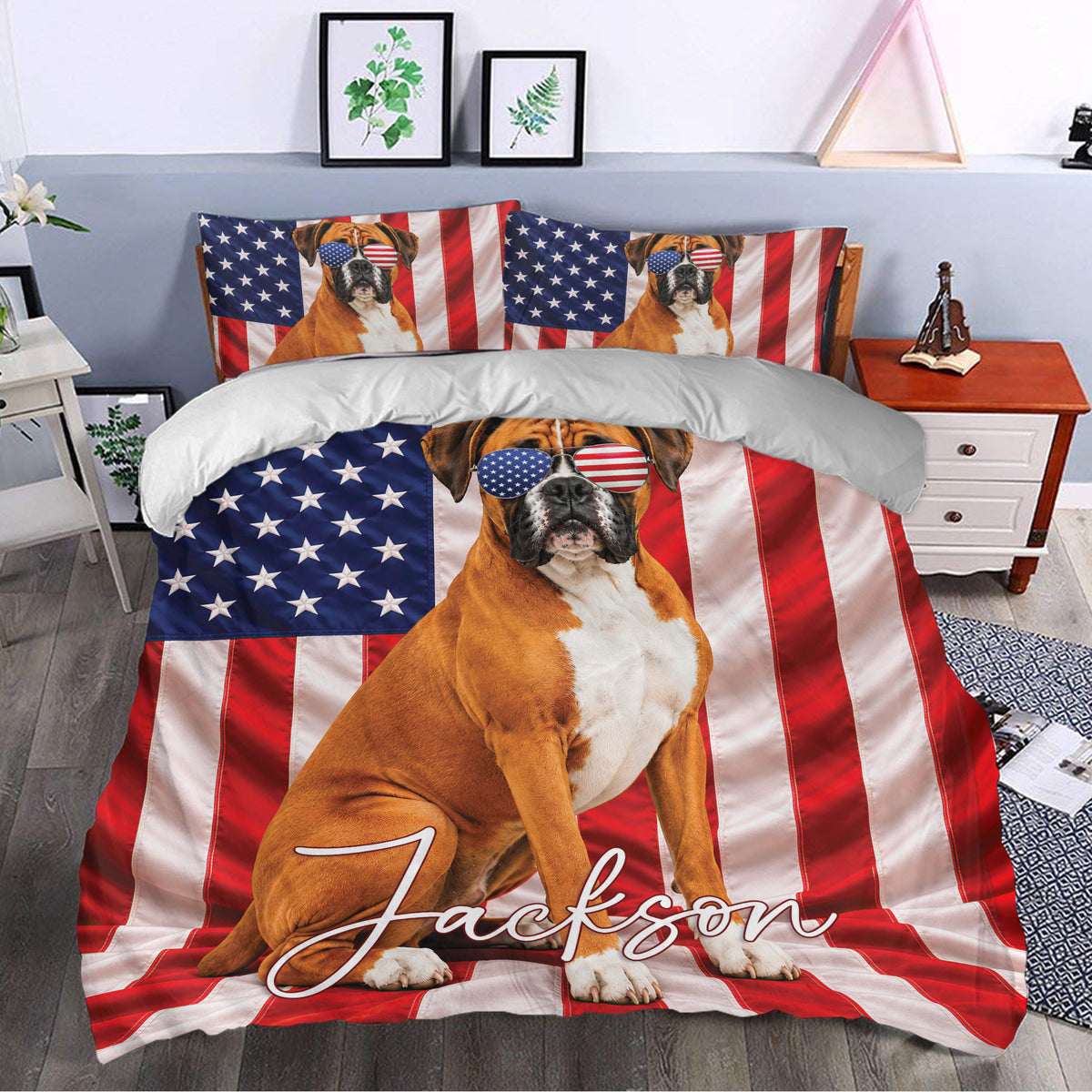 Patriotic Boxer dog duvet cover set styled in a contemporary bedroom with matching decorative pillowcases