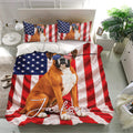Boxer dog bedding set featuring bold flag-inspired stripes, stars, and a large central dog portrait
