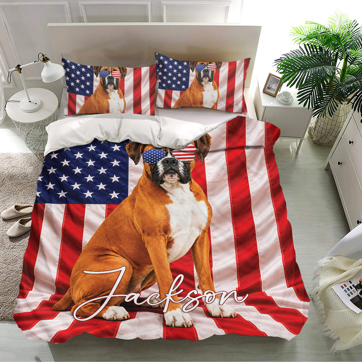 Boxer dog bedding set featuring bold flag-inspired stripes, stars, and a large central dog portrait