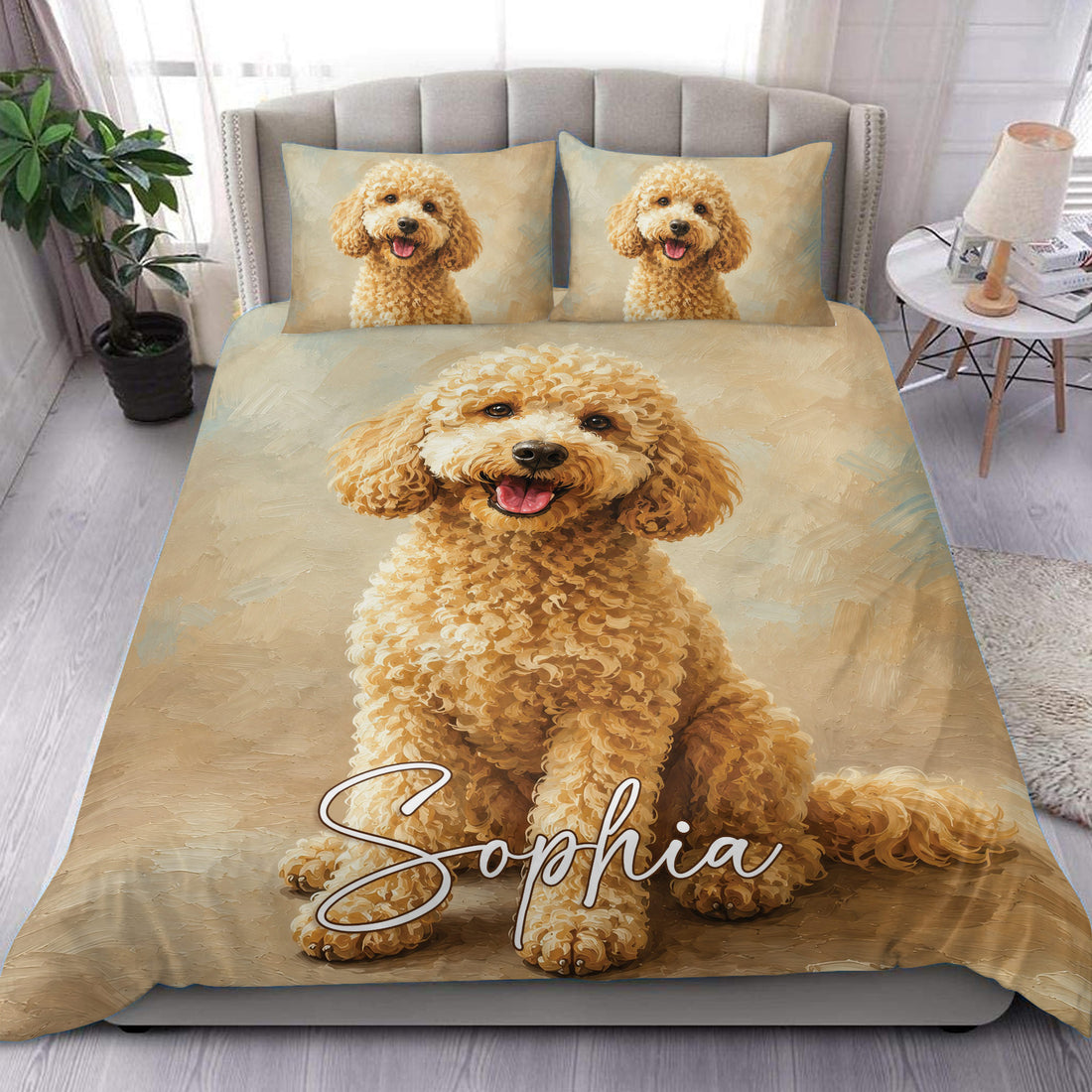 Goldendoodle duvet cover set displayed on a bed with golden curly dog artwork and matching pillowcases
