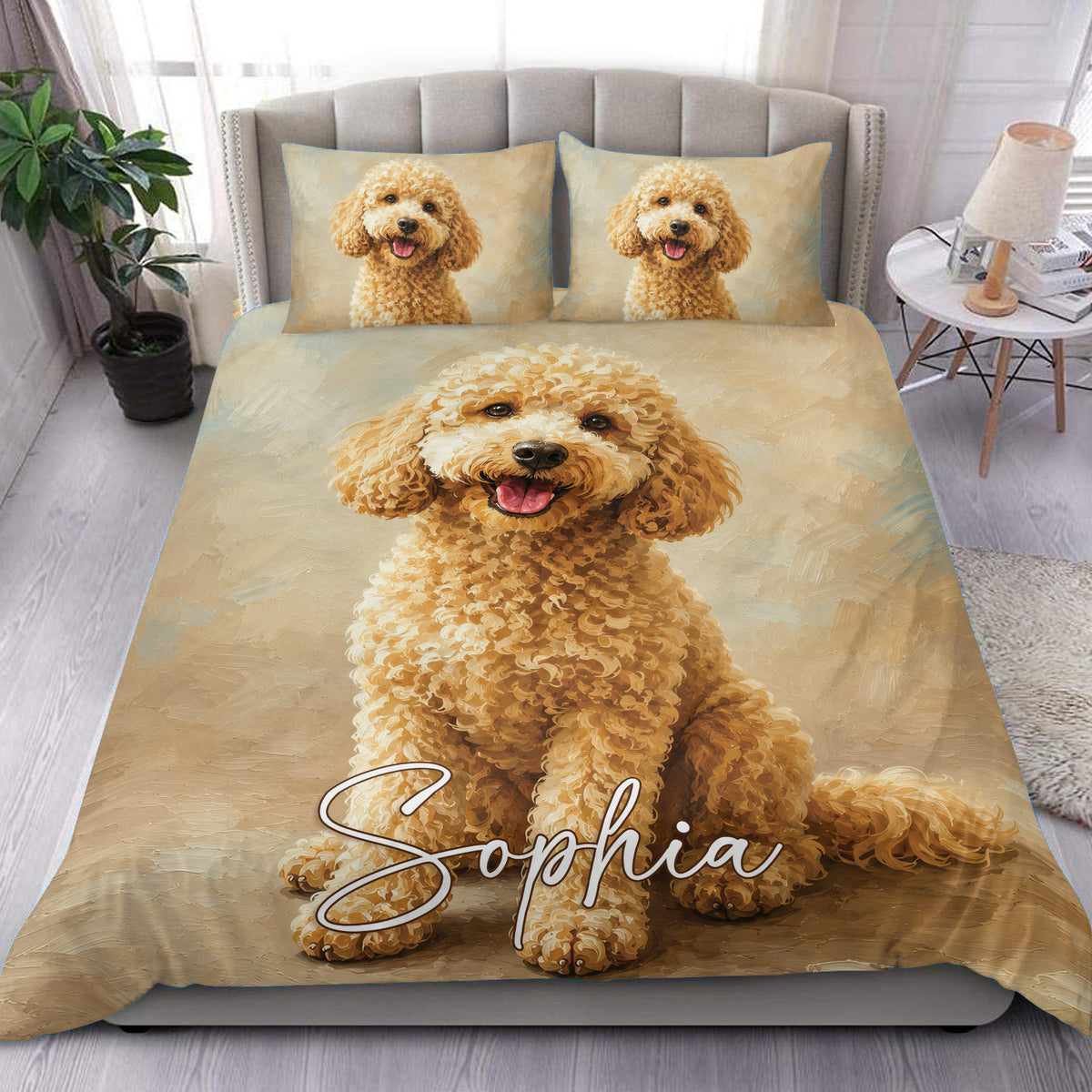 Goldendoodle duvet cover set displayed on a bed with golden curly dog artwork and matching pillowcases