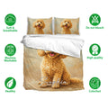 Goldendoodle bedding set with golden dog artwork, matching pillowcases, and soft breathable fabric callouts