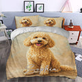 Goldendoodle bedding displayed in a stylish bedroom with golden curly dog artwork across the duvet cover