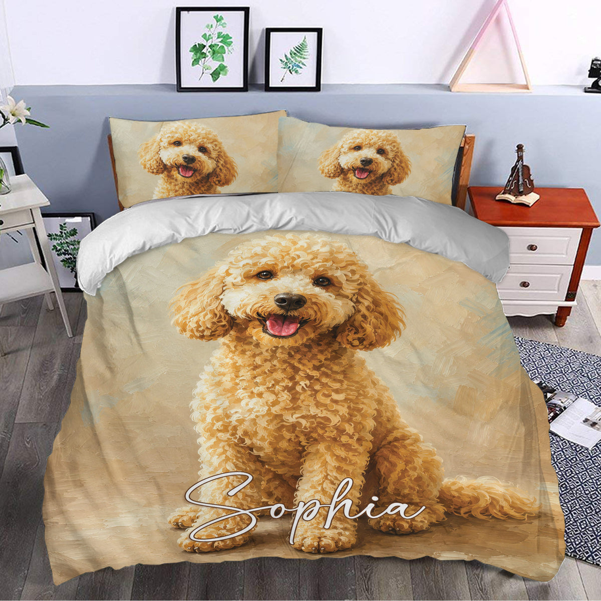 Goldendoodle bedding displayed in a stylish bedroom with golden curly dog artwork across the duvet cover