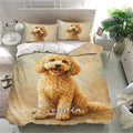 Goldendoodle duvet cover bedding set styled in a bright bedroom with matching dog portrait pillowcases