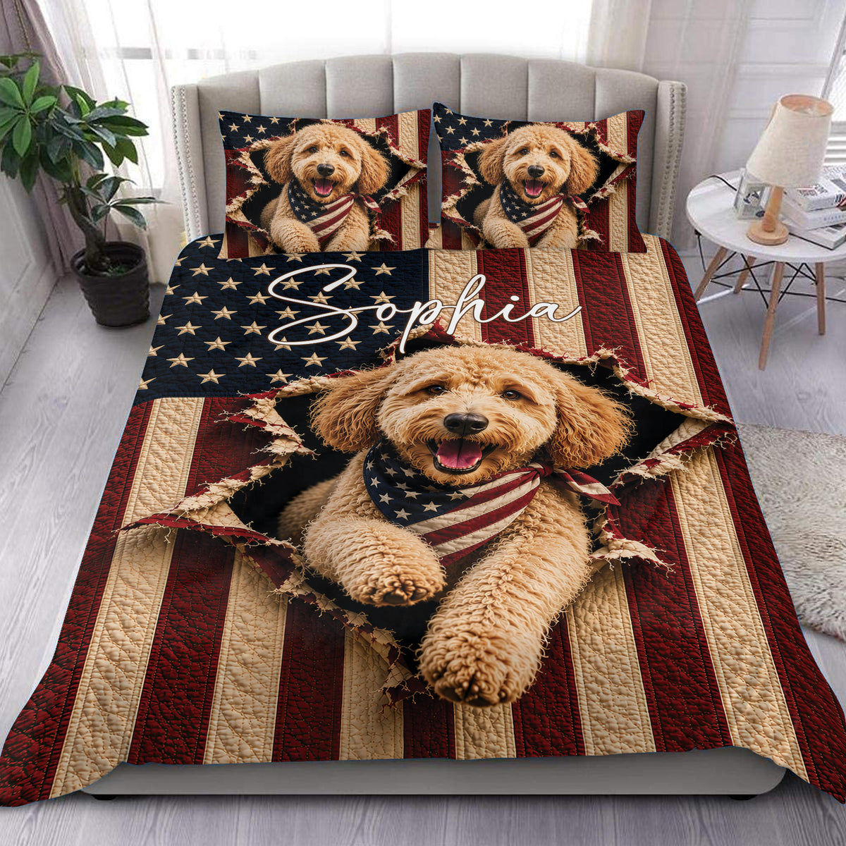 Goldendoodle duvet cover bedding set with a patriotic stars and stripes design styled on a bedroom