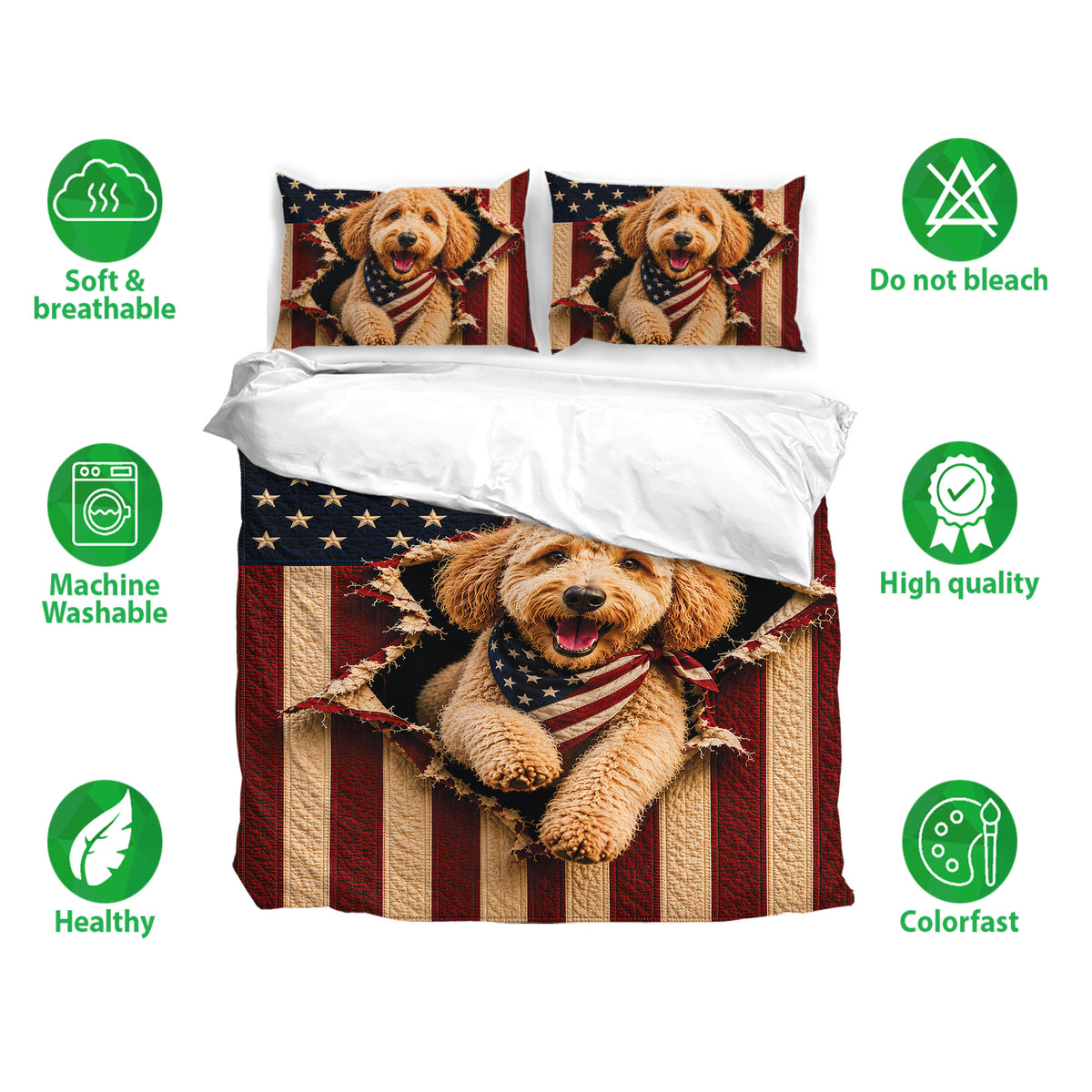 Goldendoodle duvet cover set displayed with matching pillowcases, stars, stripes, and product feature icons
