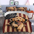 Patriotic Goldendoodle duvet cover set styled in a bedroom with matching pillows and bold red stripes