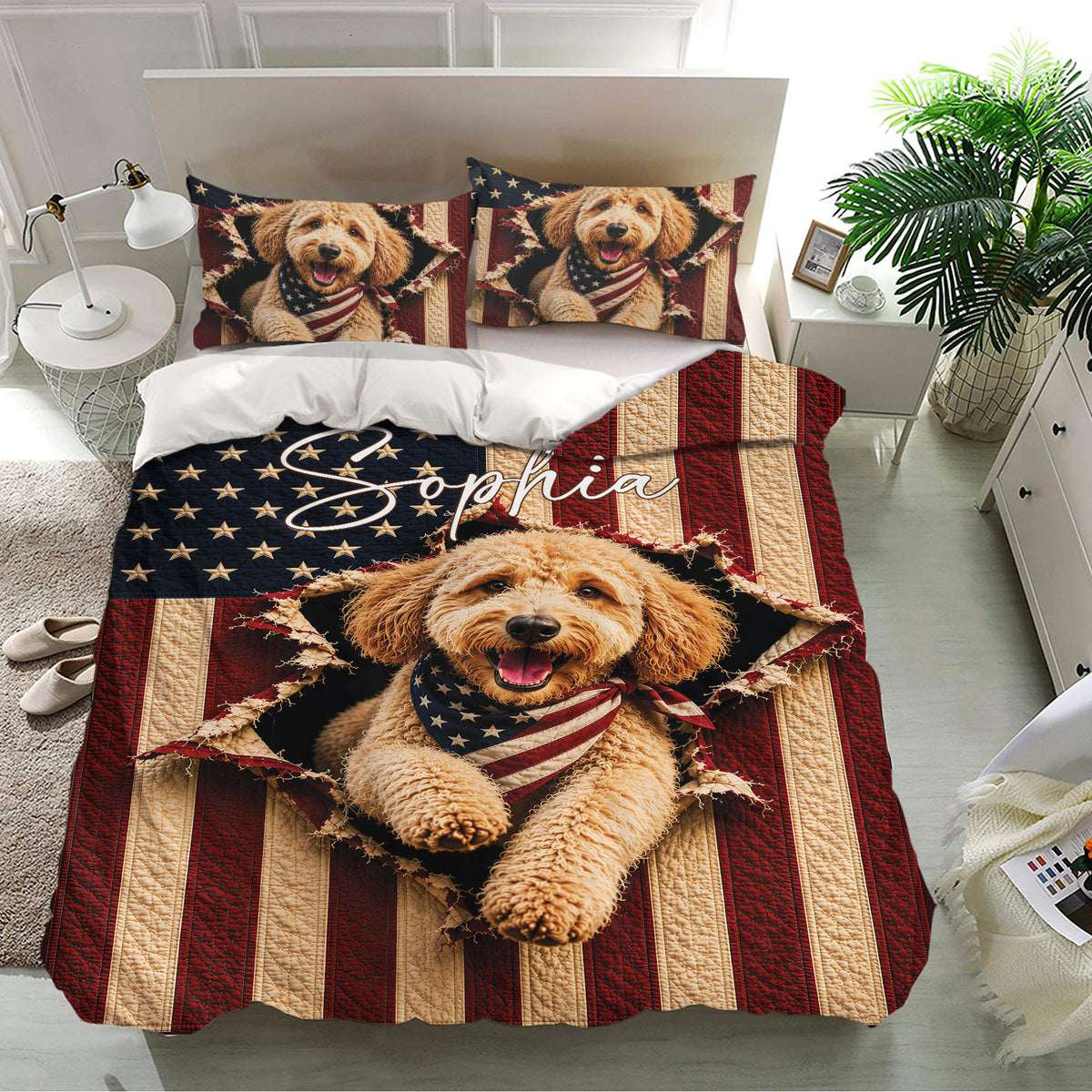 Goldendoodle bedding set featuring a happy dog, American-inspired stars and stripes, and matching pillowcases