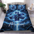 Blue paramedic duvet cover set displayed on a bed with glowing Star of Life symbols and medical emblem artwork
