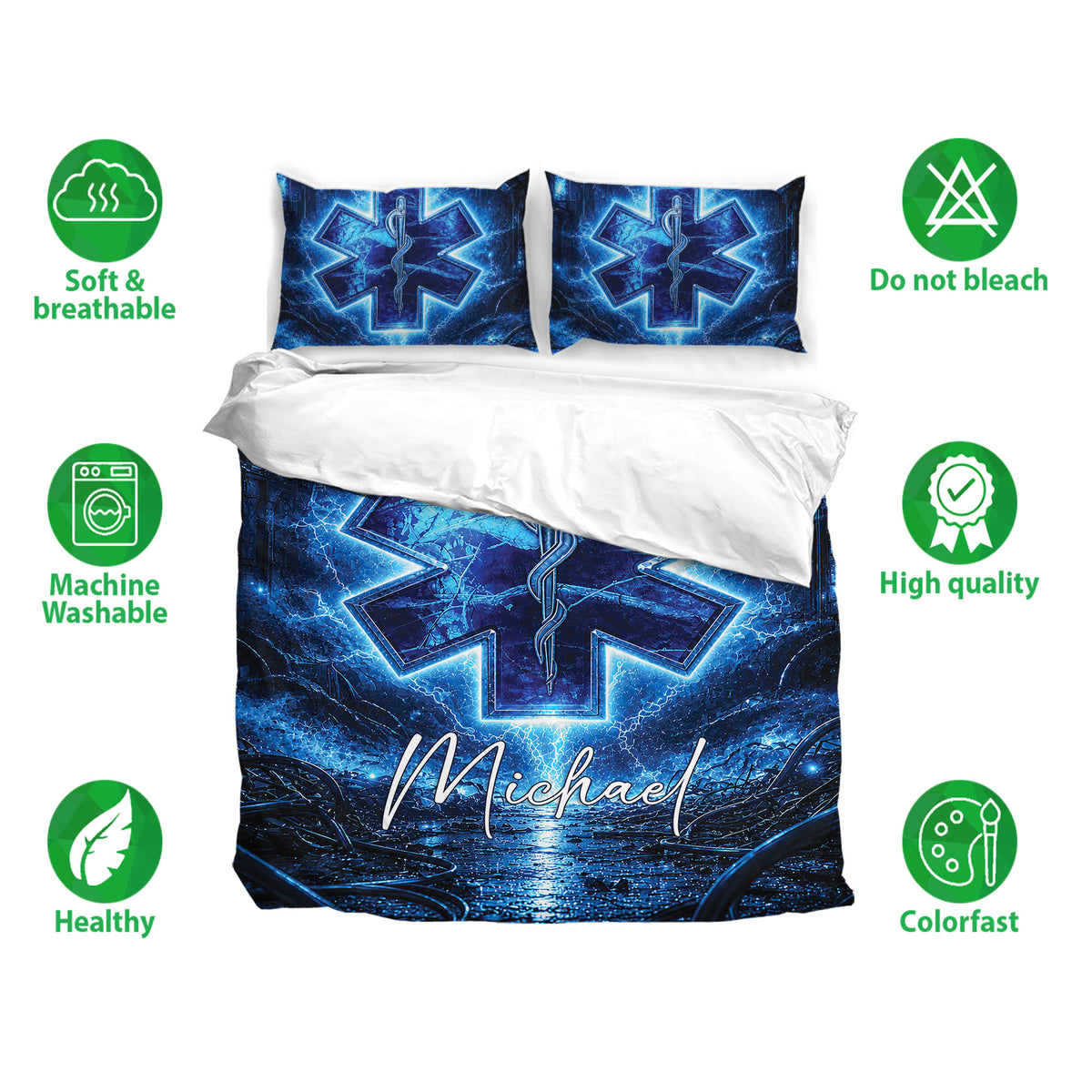 Paramedic duvet cover bedding set with blue medical emblem design, matching pillowcases, and bedroom presentation