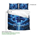 Paramedic bedding set detail showing blue Star of Life artwork, printable side, and lightweight polyester fabric