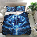 Emergency medical services duvet cover set in a modern bedroom with blue lightning artwork and medical symbols