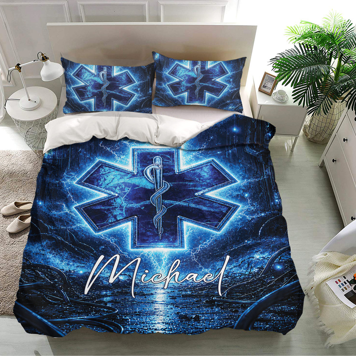 Emergency medical services duvet cover set in a modern bedroom with blue lightning artwork and medical symbols