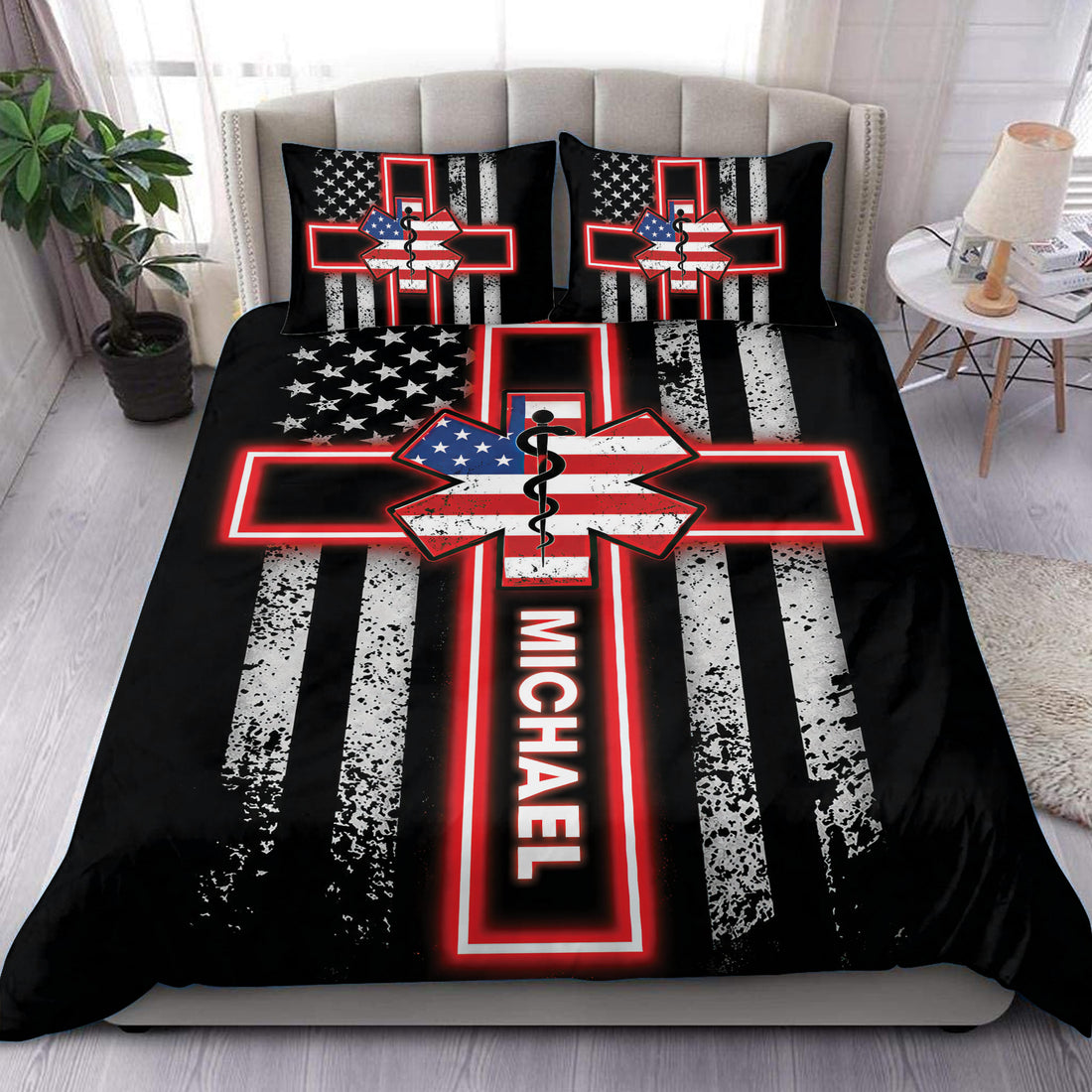 Paramedic duvet cover bedding set in black, red, white, and blue with a medical star emblem