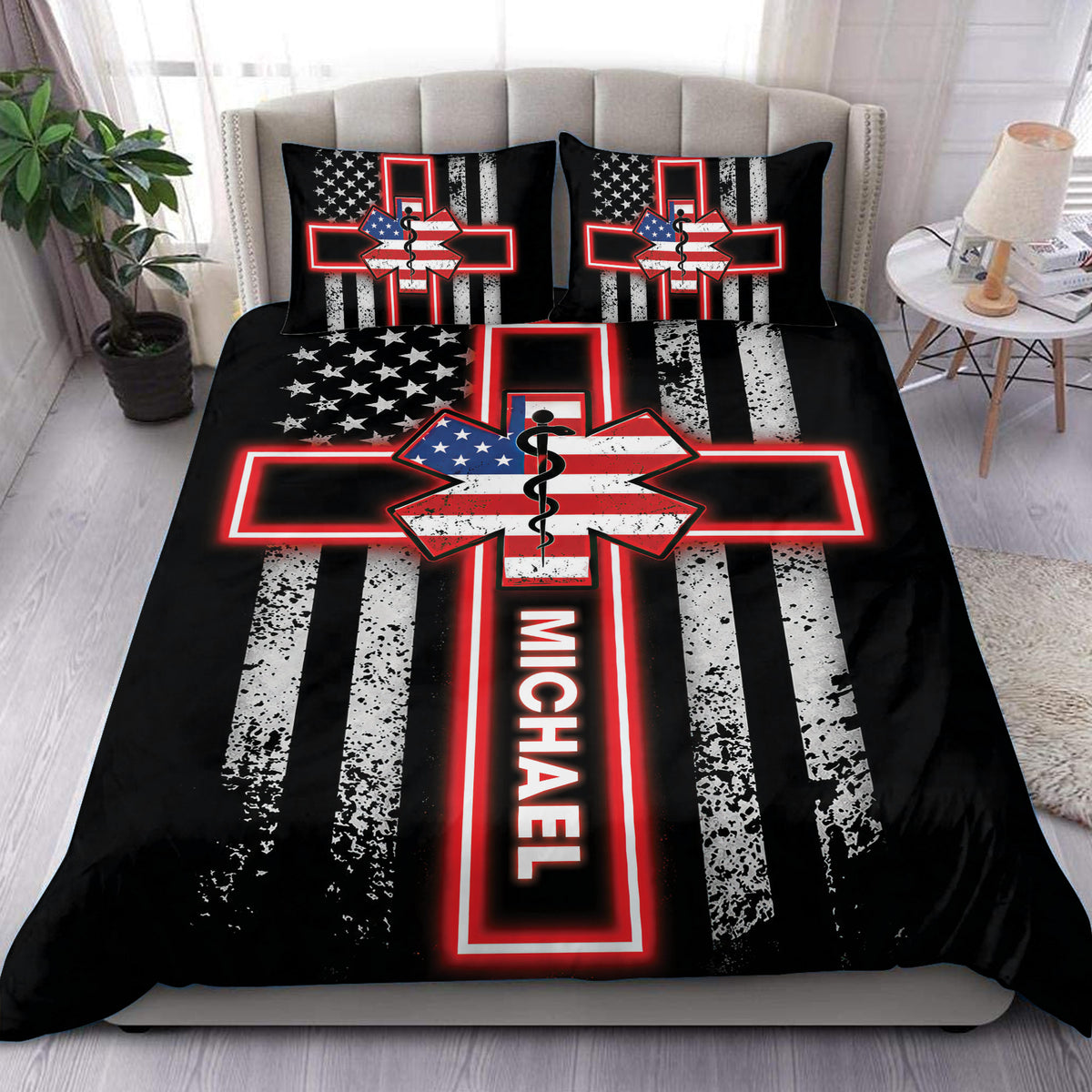 Paramedic duvet cover bedding set in black, red, white, and blue with a medical star emblem