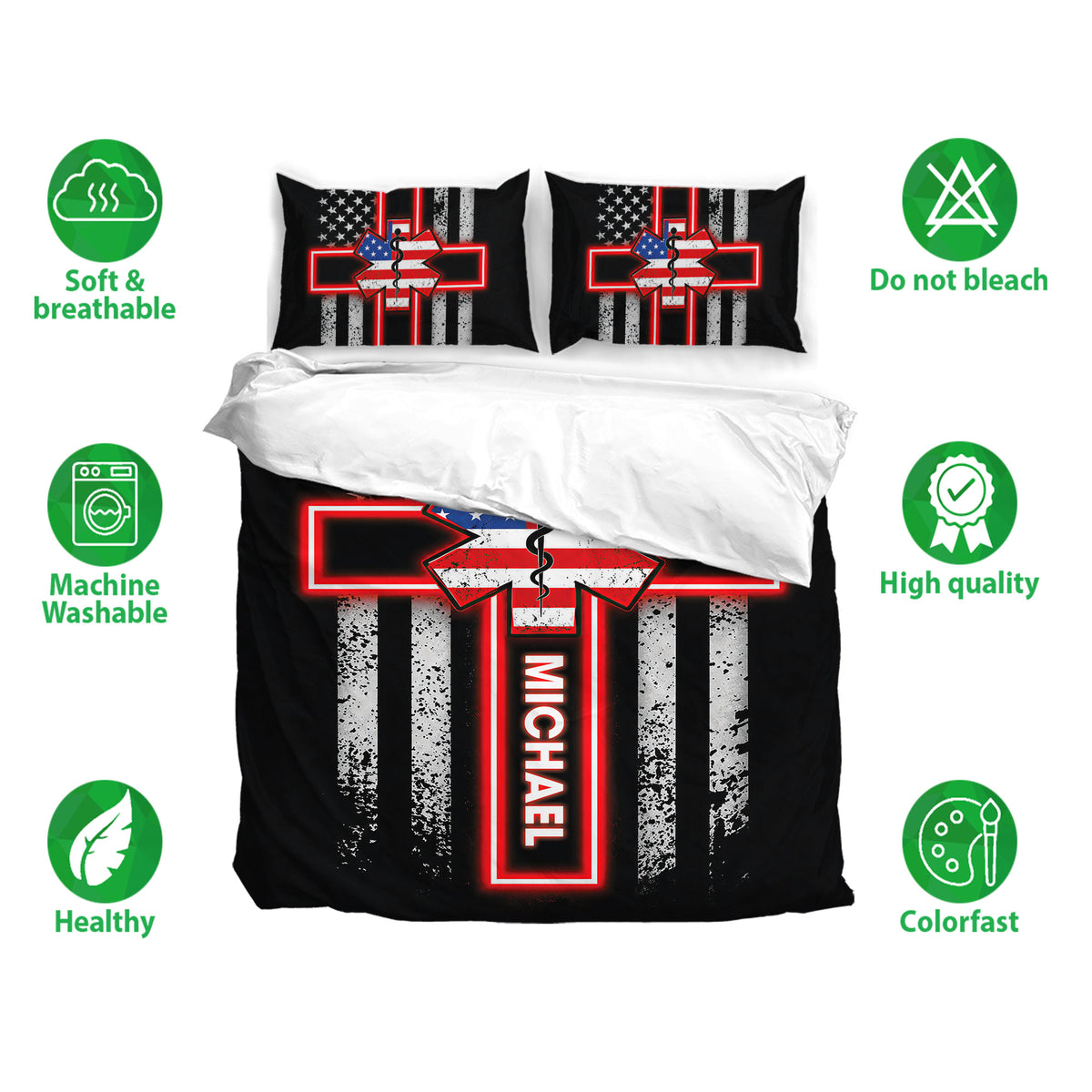 Paramedic bedding set displayed with matching pillowcases and bold patriotic medical artwork