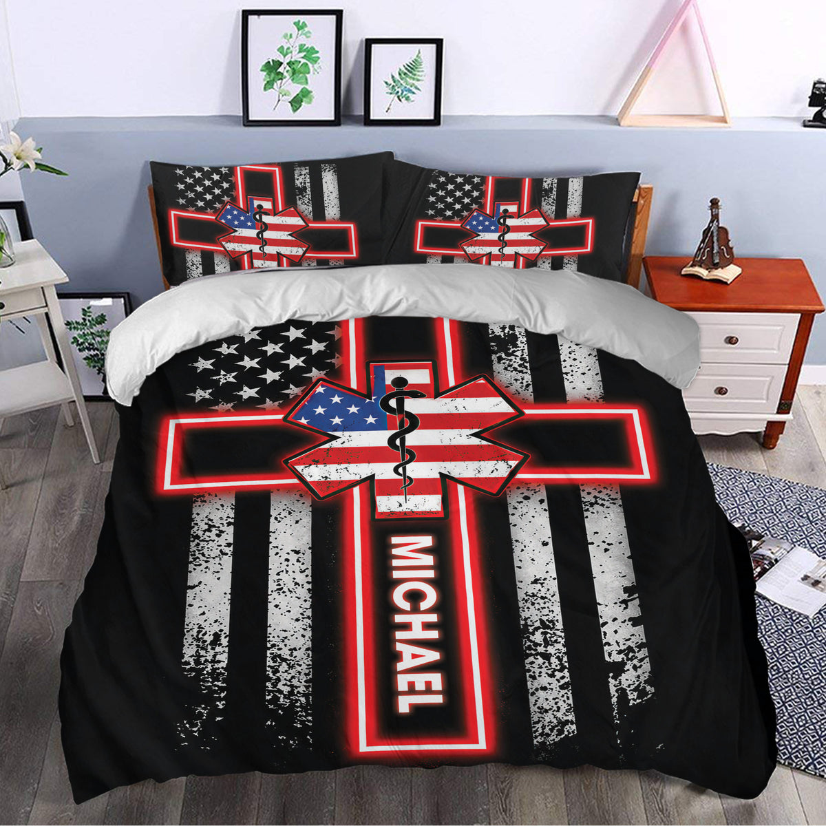Paramedic duvet cover styled in a bedroom with a glowing red medical emblem and flag-inspired pattern