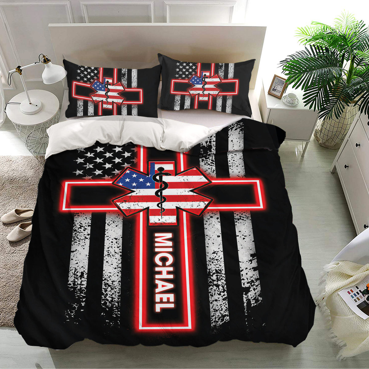 Black paramedic duvet cover bedding set with matching pillows and dramatic red, white, and blue design