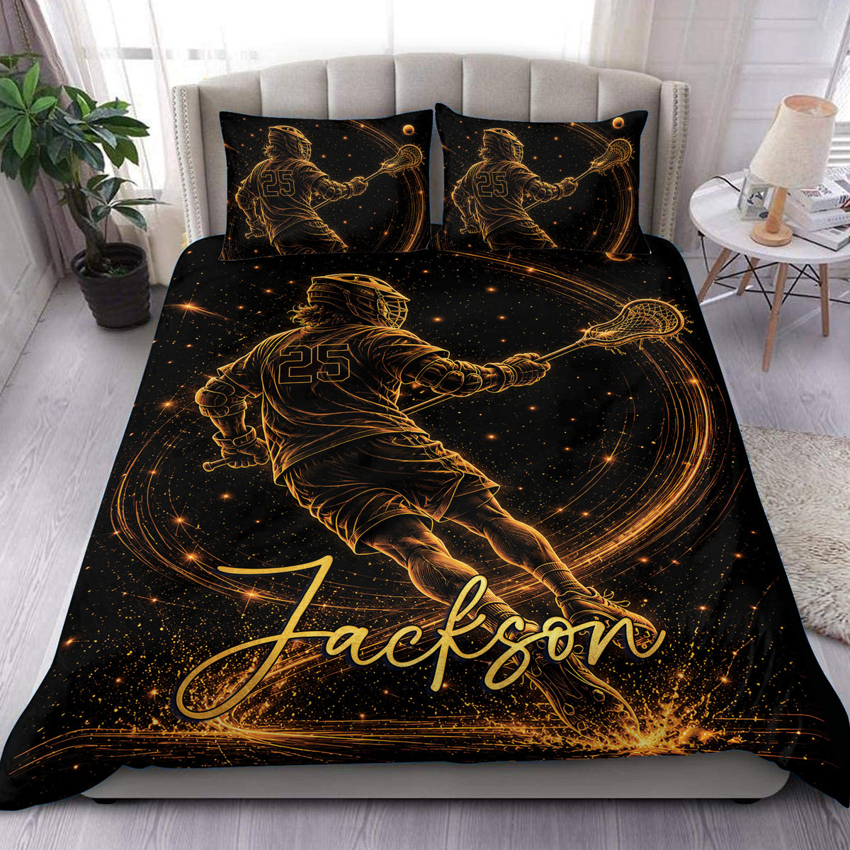 Black and gold lacrosse duvet cover set displayed on a bed with player artwork and starry motion trails