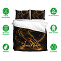 Lacrosse bedding set shown with black and gold player artwork, matching pillowcases, and soft breathable design icons