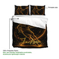 Lacrosse duvet cover bedding set detail showing the printed side, black starry artwork, and gold line-art player