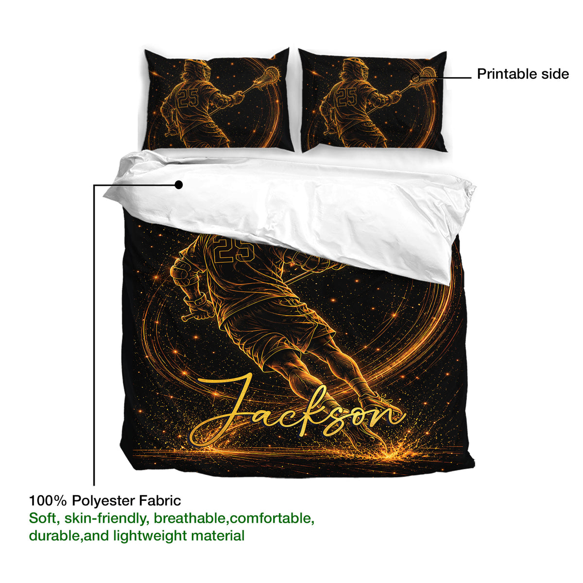 Lacrosse duvet cover bedding set detail showing the printed side, black starry artwork, and gold line-art player