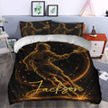 Lacrosse duvet cover set styled in a bedroom with bold black and gold player artwork and sports decor appeal