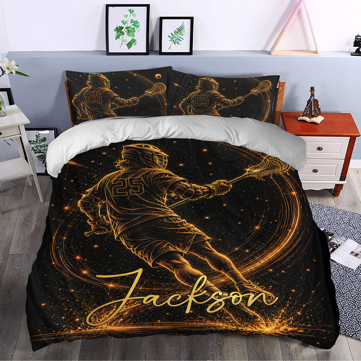 Lacrosse duvet cover set styled in a bedroom with bold black and gold player artwork and sports decor appeal
