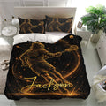 Black and gold lacrosse bedding set presented in a bright bedroom with matching pillowcases and dynamic player artwork