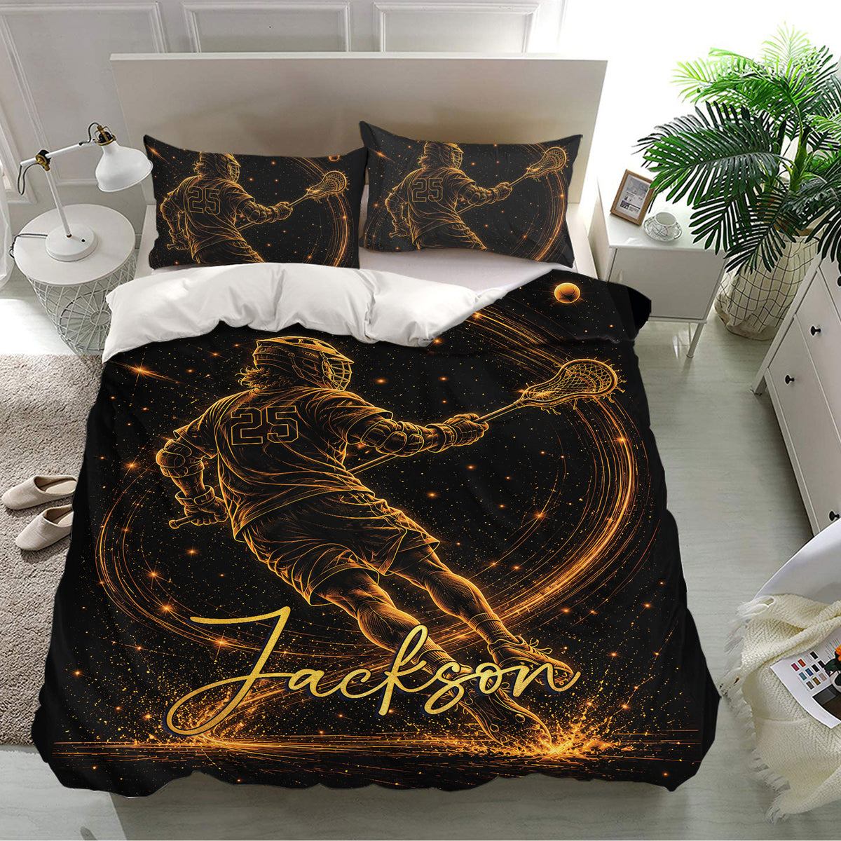 Black and gold lacrosse bedding set presented in a bright bedroom with matching pillowcases and dynamic player artwork